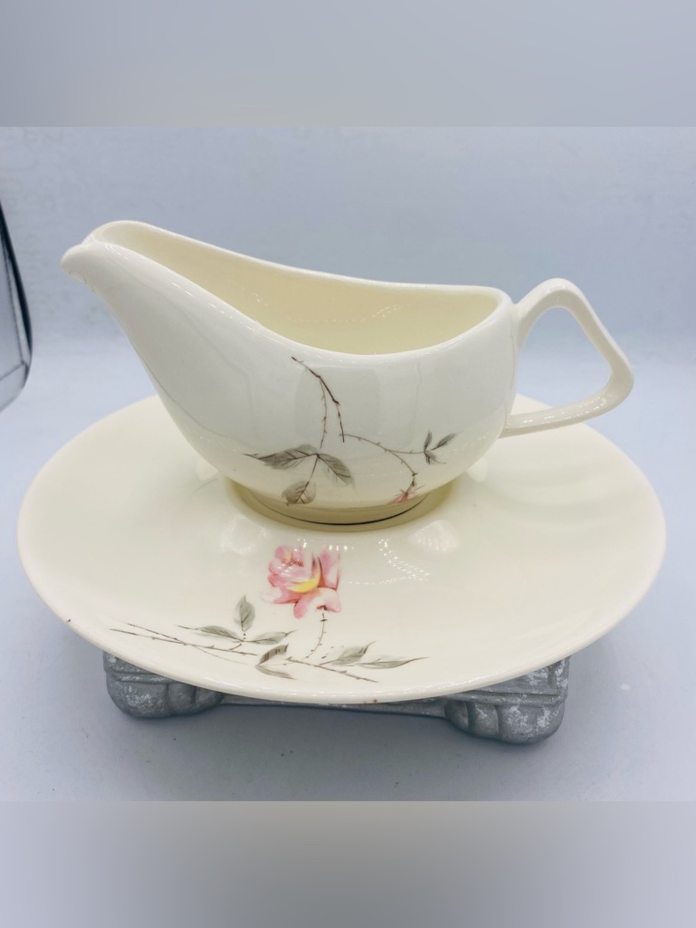 Vintage Cream Pink Rose  Floral Design Porcelain Gravy Boat with Saucer MCM